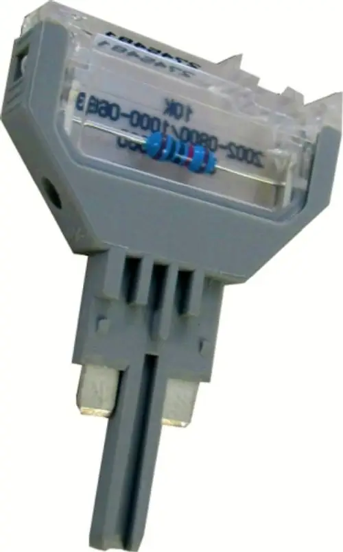 Parameterstecker von Wolf, ausgestattet mit einem gläsernen Gehäuse und einem integrierten Widerstand. Verbindungselement mit steckbaren Anschlussklemmen für elektrische Anwendungen.